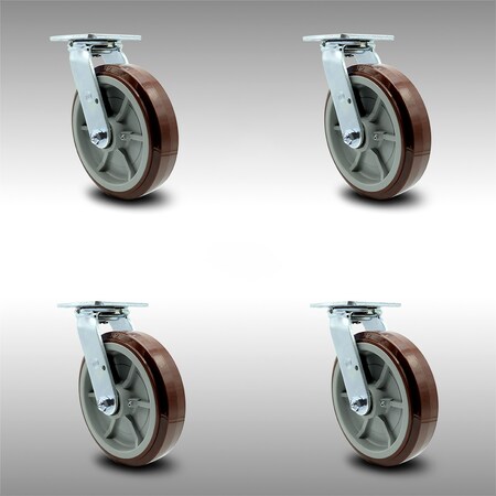 Service Caster 8 Inch SS Polyurethane Swivel Caster Set with Roller Bearing and Swivel Lock SCC SCC-SS30S820-PPUR-BSL-4